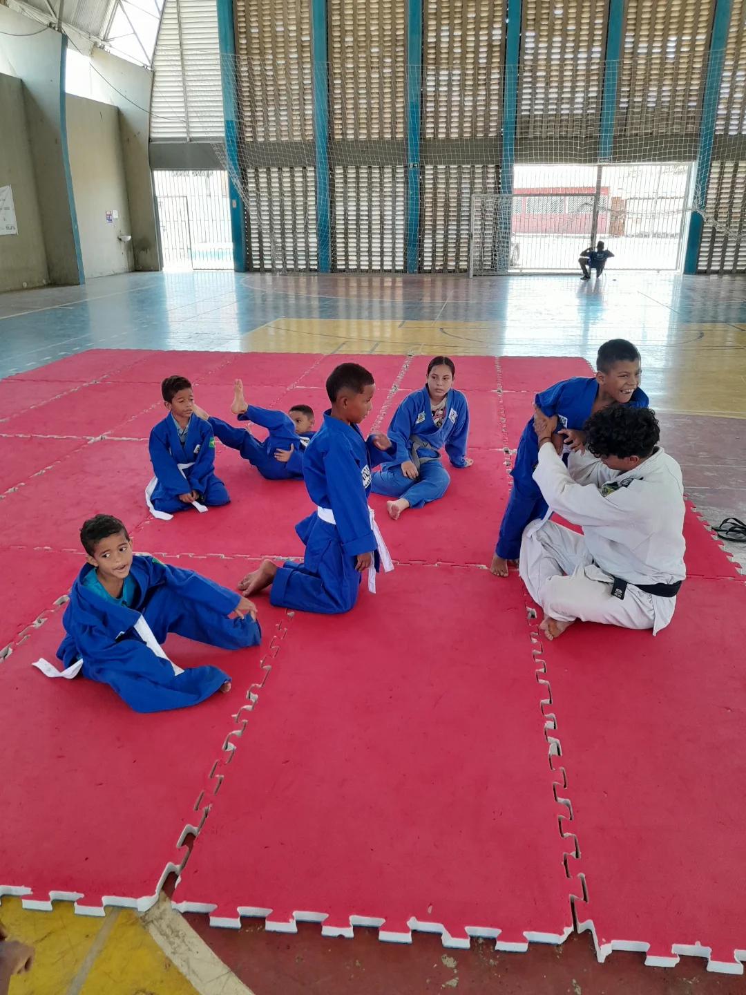 Crianças treinando judô no tatame
